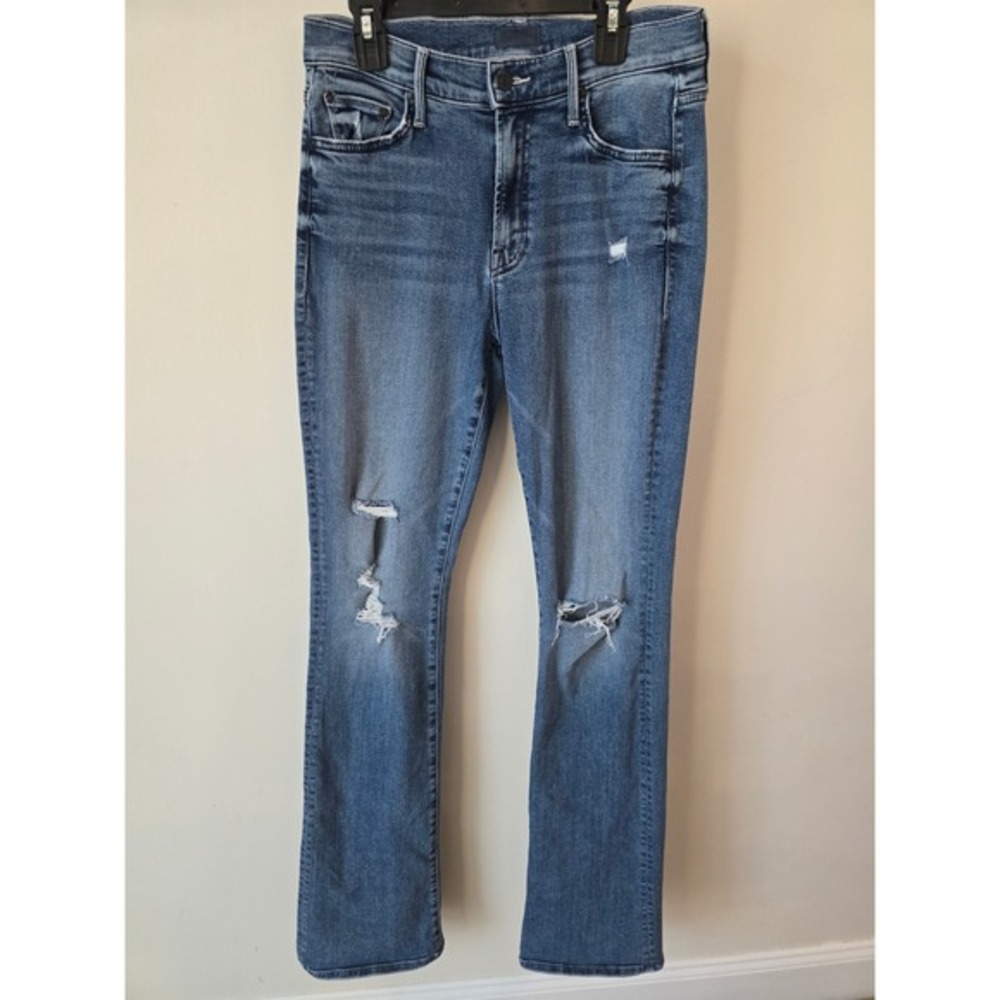 Mother Distressed Straight Leg Jeans Blue Ripped Knee High Rise Size 27